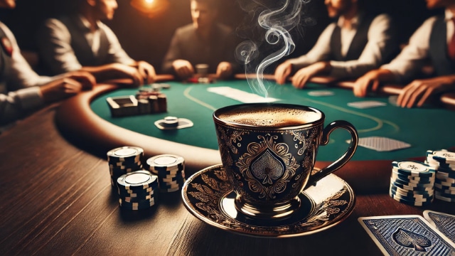 Elegantna šolja kafe sa simbolom pika na stolu za poker, okružena žetonima i kartama, sa igračima u pozadini