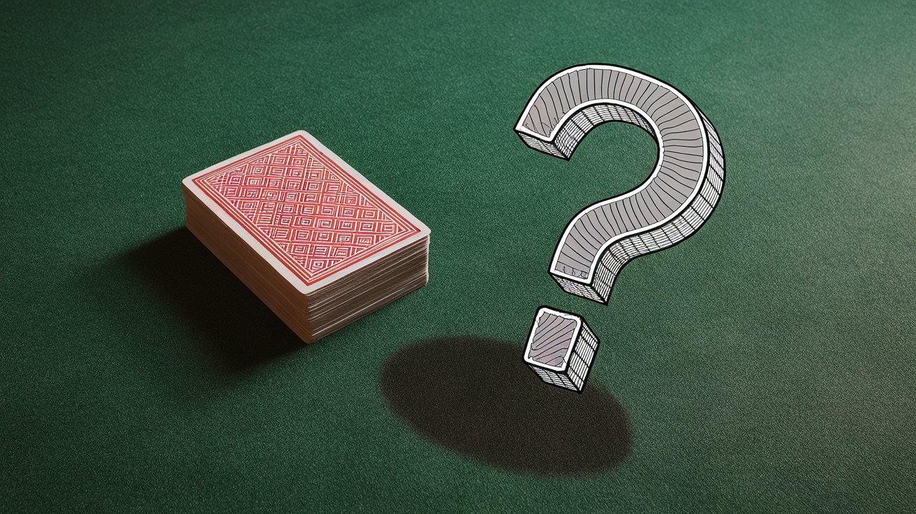 Špil karata pored velikog znaka pitanja na zelenom poker stolu, simbol neizvesnosti i strategije.