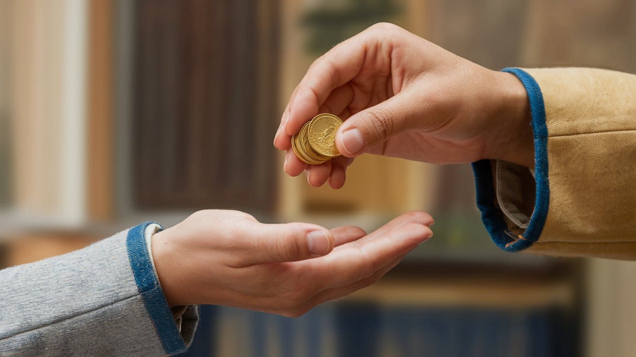 Jedna ruka predaje zlatne kovanice drugoj ruci, simbolizujući uplatu ili isplatu.