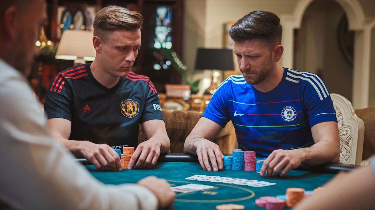 Dvojica igrača u fudbalskim dresovima sede za poker stolom, koncentrisani na partiju.