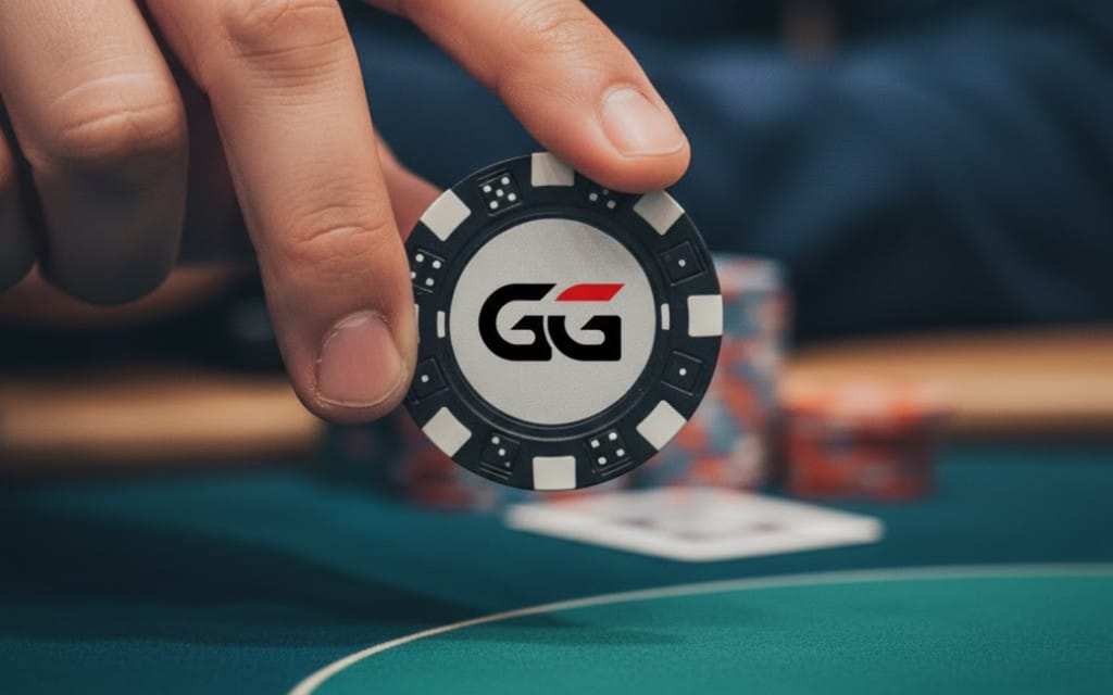 Ruka drži crni poker žeton sa natpisom GG iznad zelenog stola.