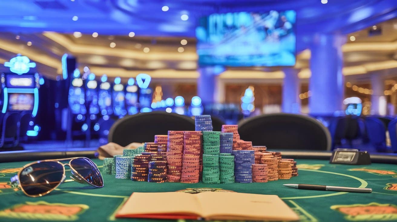 Velika gomila poker žetona različitih boja na stolu u kazinu, sa naočarima i notesom pored.
