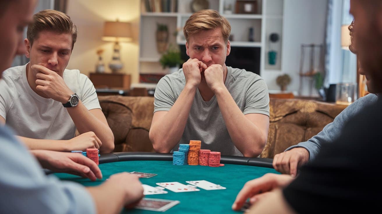Poker igrač sa rukama preko usta izgleda zabrinuto i neodlučno dok gleda karte na stolu.