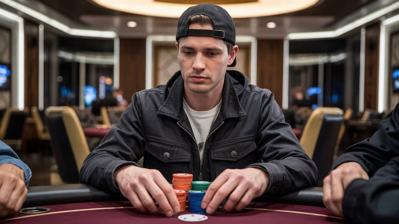 Mladi igrač pokera sa kačketom unazad pažljivo posmatra svoje žetone, fokusiran na igru u elegantnom kasinu.