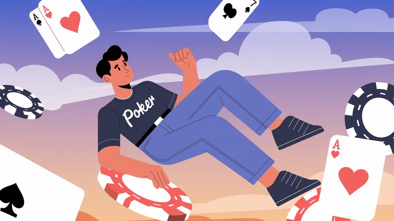 Igrač lebdi među poker kartama i žetonima u opuštenoj atmosferi na nebu obojenom zalaskom sunca.