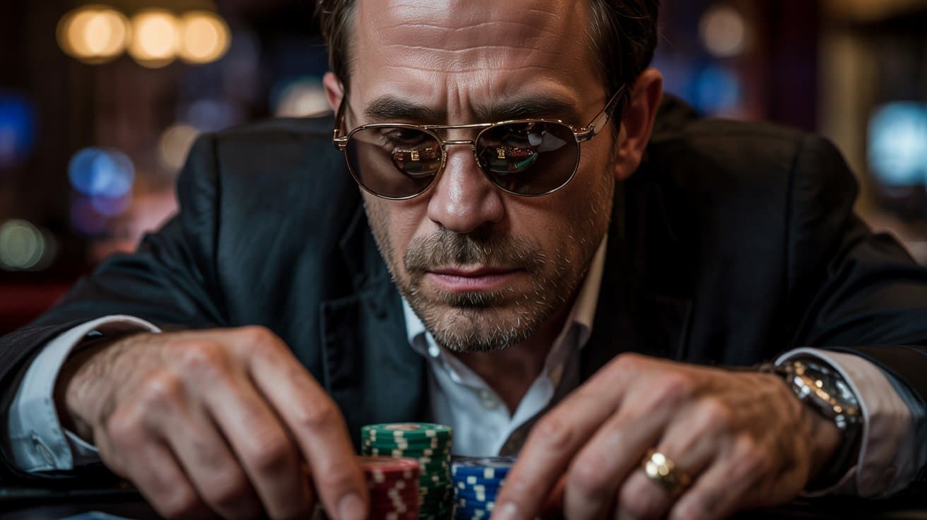 Muškarac u odelu i sa tamnim naočarima pažljivo slaže poker žetone ispred sebe, koncentrisan u atmosferi luksuznog kasina.