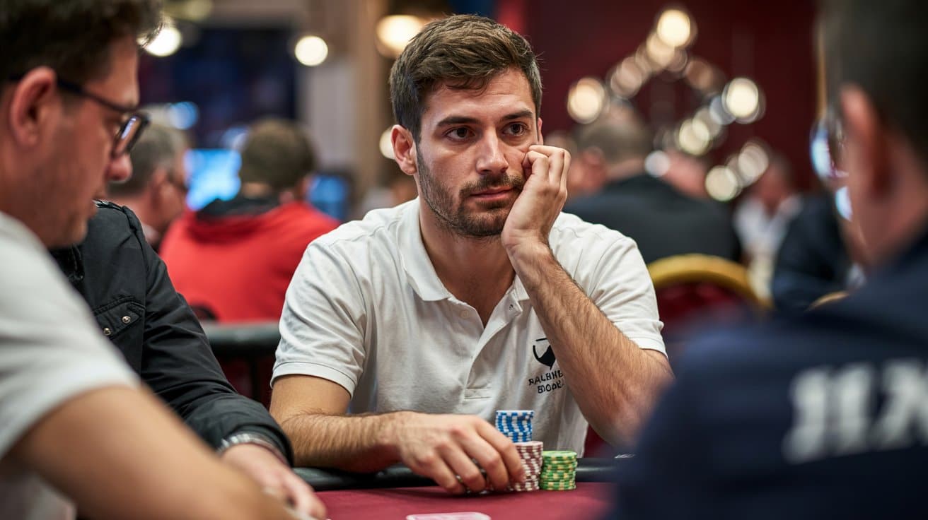Muškarac za poker stolom, oslonjen na ruku, pažljivo razmišlja dok drži žetone