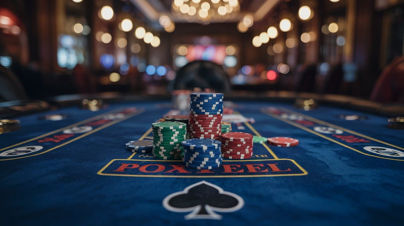 Gomila šarenih poker žetona složena na plavom stolu u osvetljenoj kazino sali