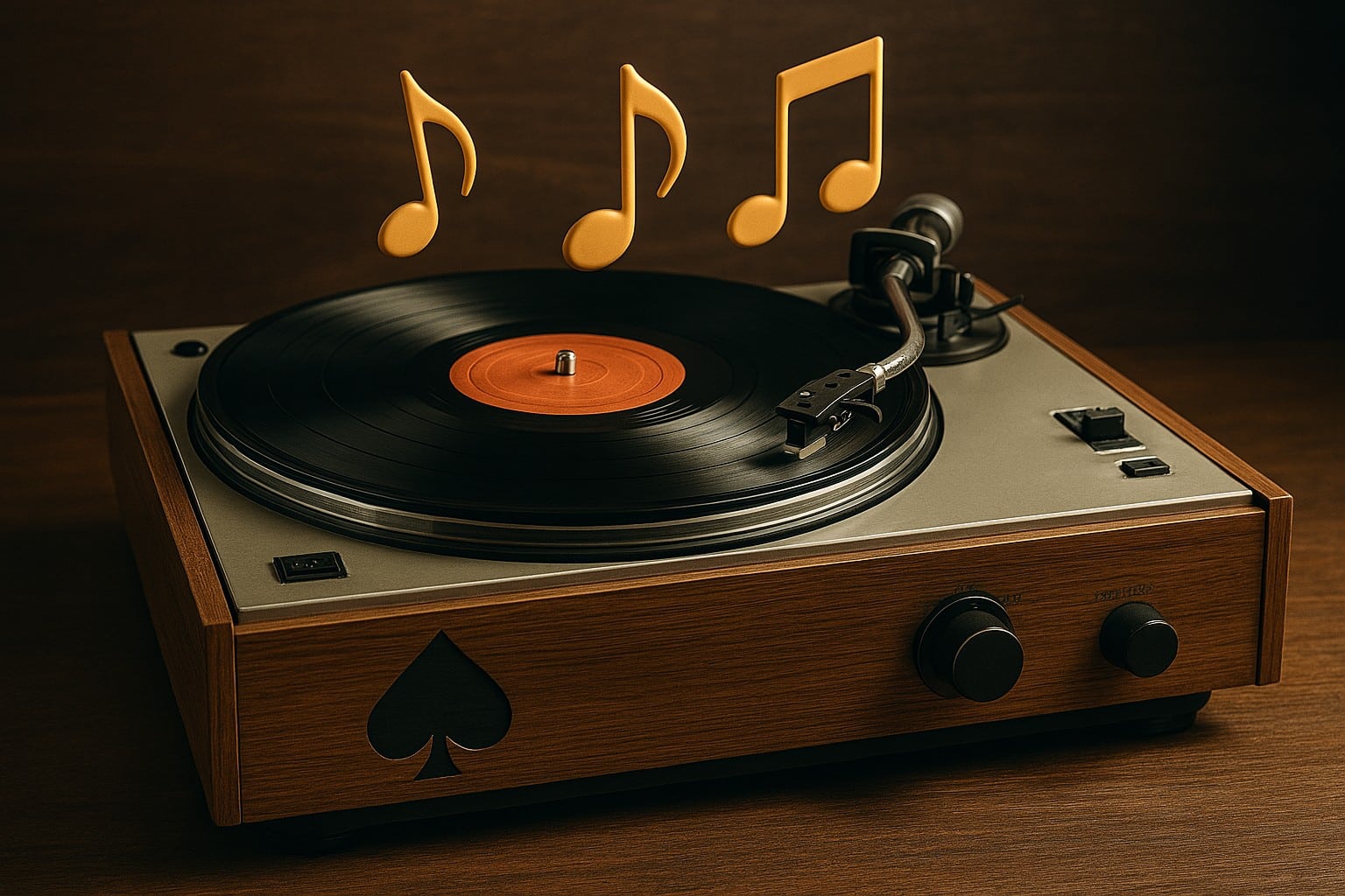 Gramofon od drveta sa vinil pločom i zlatnim muzičkim notama koje lebde iznad njega, sa simbolom pika na prednjem delu uređaja.