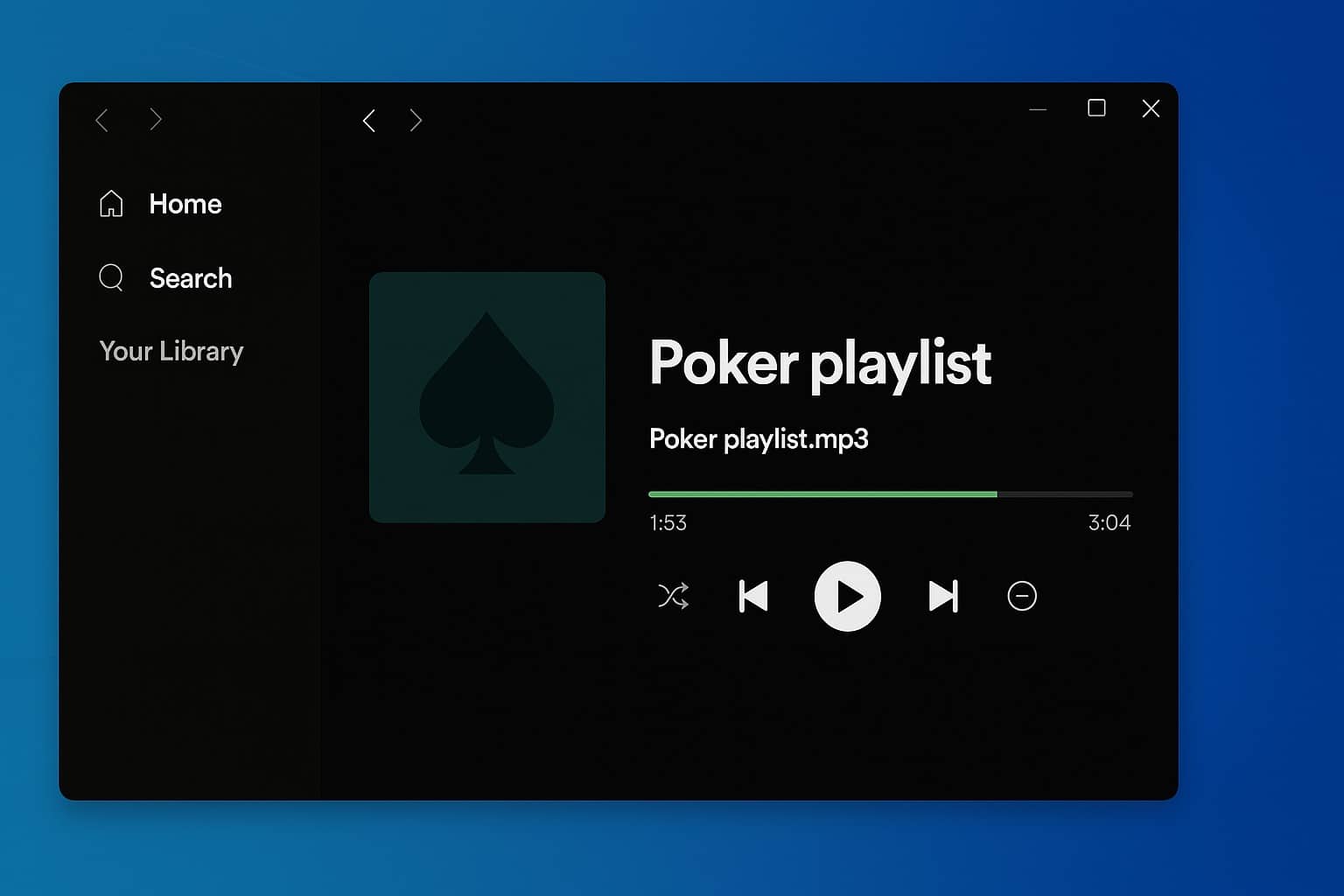 Ekran muzičkog plejera sa prikazom pesme “Poker playlist.mp3”, minimalistički crni dizajn sa simbolom pika na omotu.