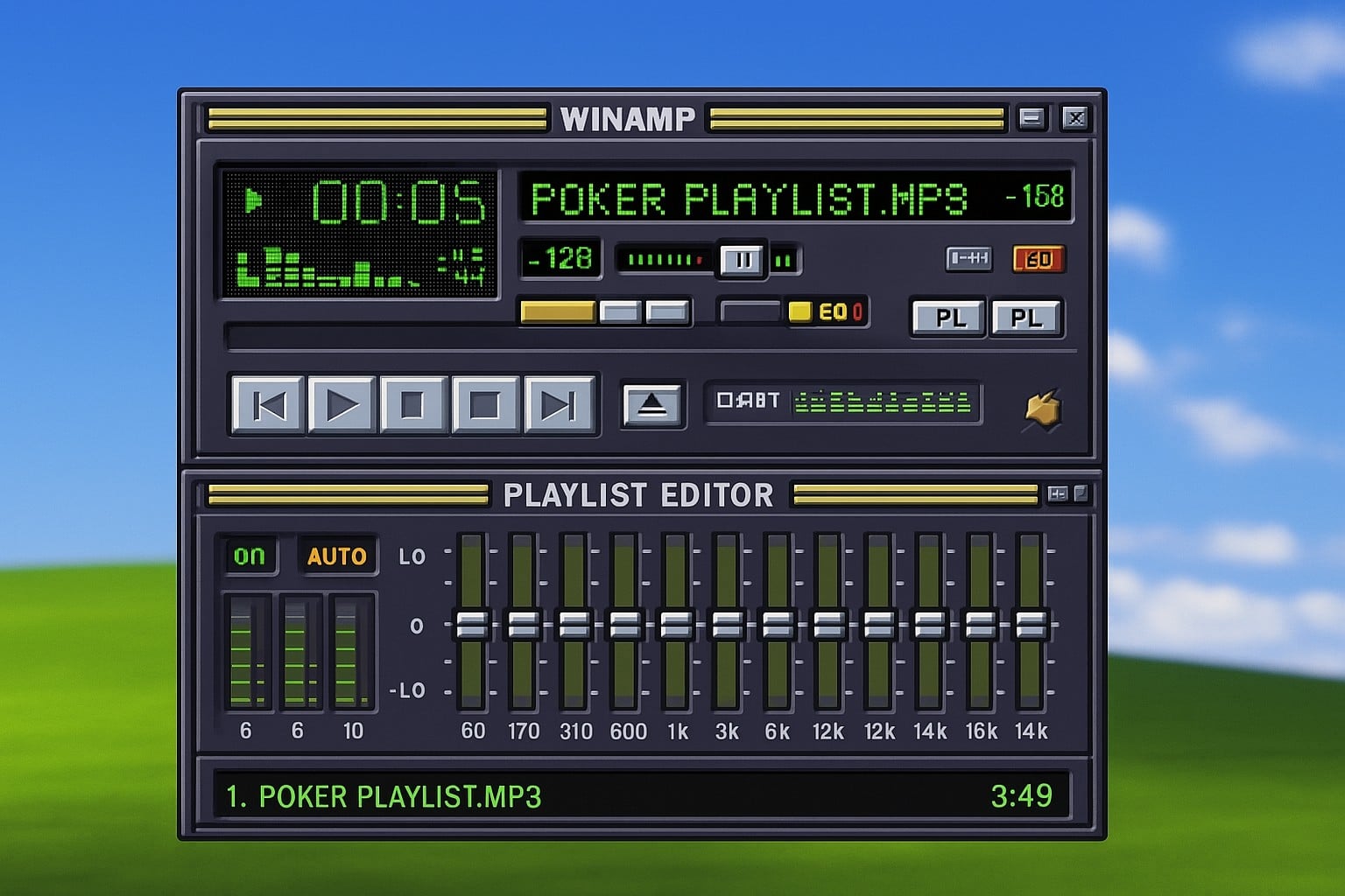 Retro interfejs Winamp plejera prikazuje pesmu “Poker playlist.mp3” sa ekvilajzerom i zelenim LED prikazom, na pozadini plavog neba.