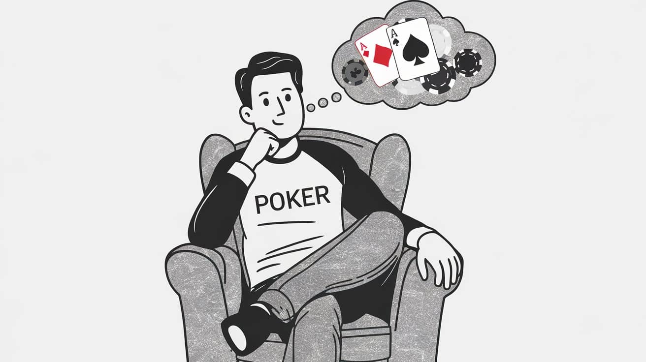 Muškarac sedi u fotelji i zamišlja poker karte i žetone dok planira sledeći potez.