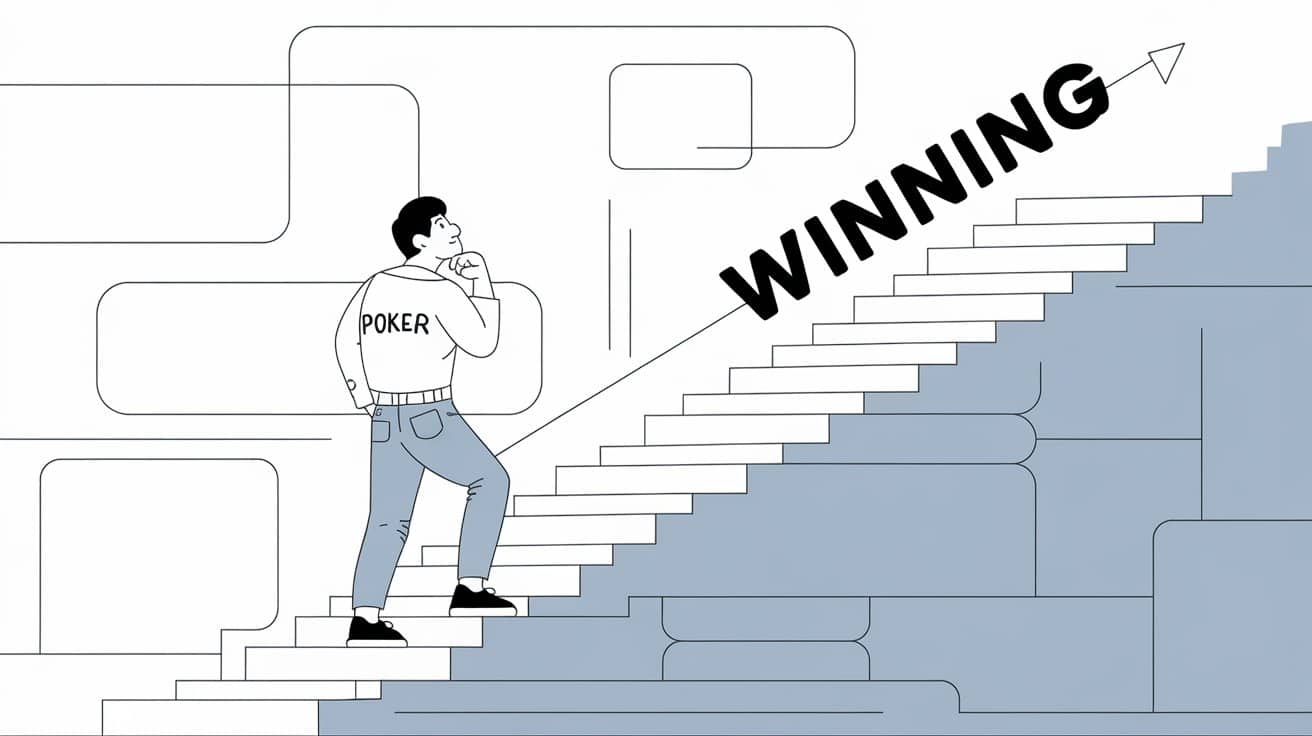 Poker igrač se penje uz stepenice ka uspehu, simbolizovano rečju “Winning” na vrhu.