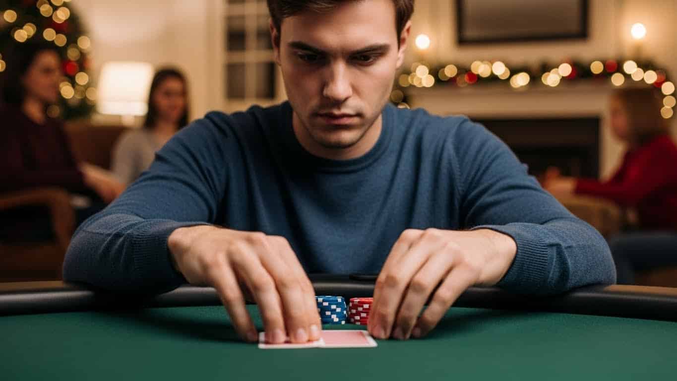 Mladić fokusirano gleda karte i žetone za poker stolom, praznična dekoracija i svetla u pozadini.