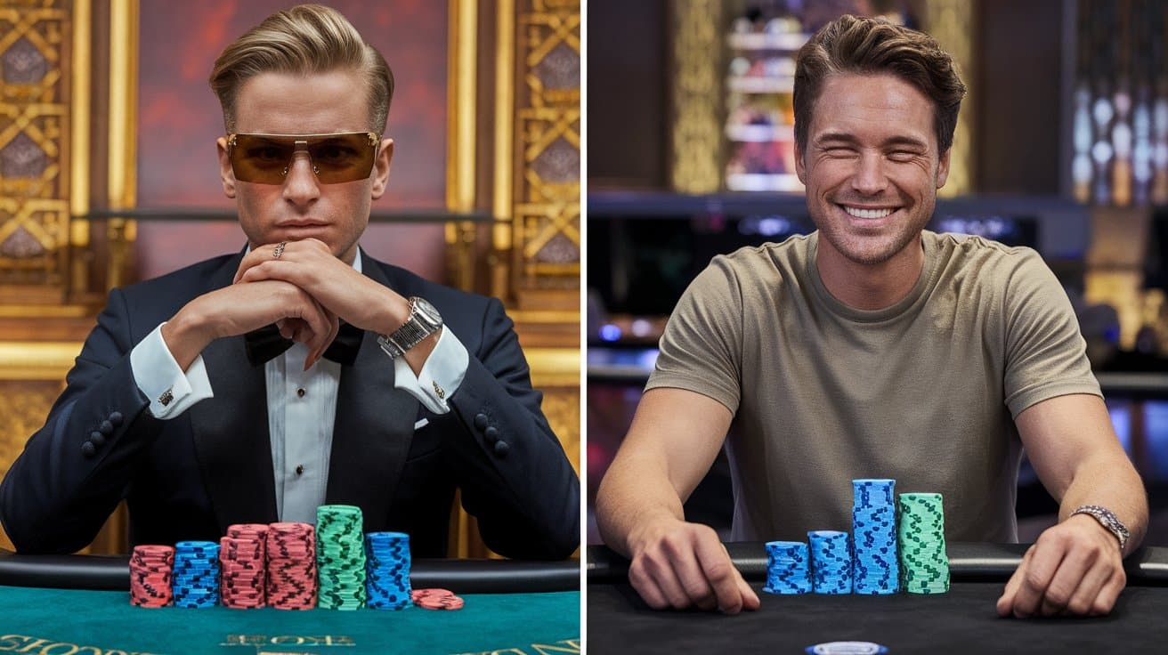 Dve slike uporedo: s leve strane muškarac u odelu sa ozbiljnim izrazom, a s desne nasmejan igrač u običnoj majici, oba sede za poker stolom sa žetonima.