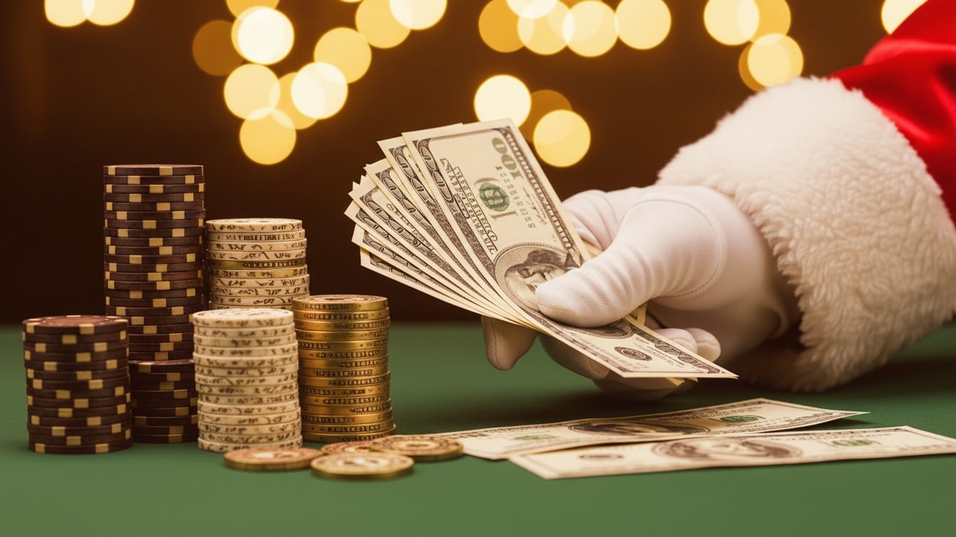 Ruka u božićnoj rukavici drži novčanice iznad poker stola, pored naslaganih žetona i zlatne praznične rasvete.
