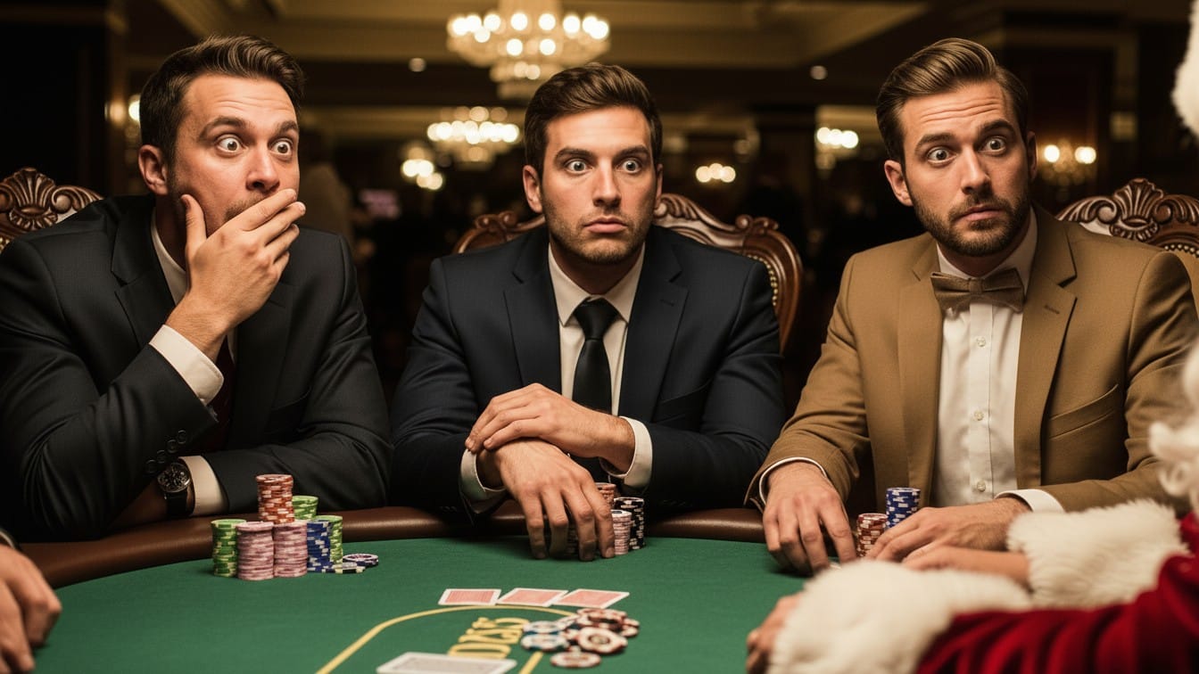 Poker igrači sa ozbiljnim i napetim izrazima lica tokom igre, Deda Mraz sedi za stolom u prvom planu.