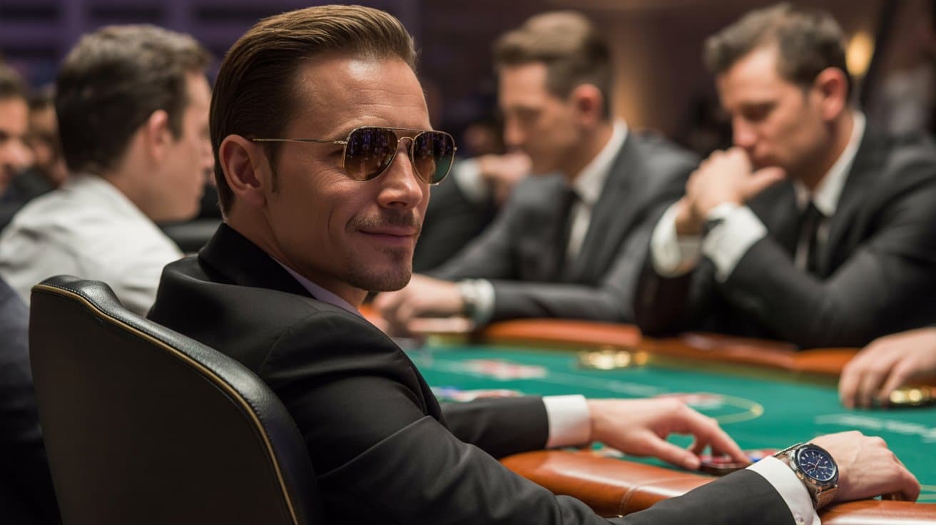 Samouveren poker igrač sa naočarima za sunce blago se osmehuje za stolom, okružen protivnicima.