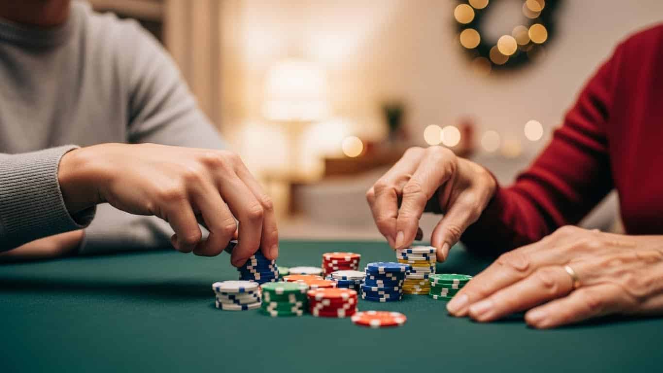 Krupni plan ruku koje slažu poker žetone na zelenom stolu, topla božićna rasveta u pozadini.