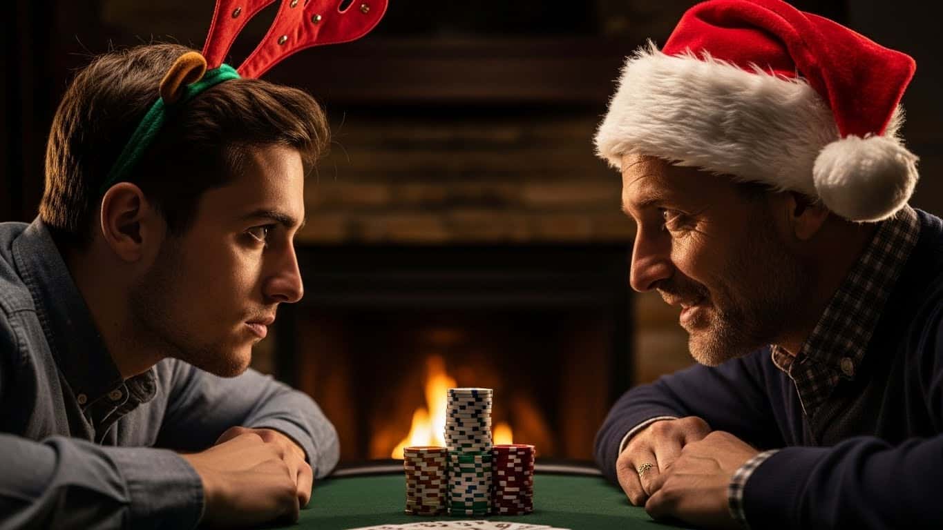 Dvojica muškaraca sede jedan naspram drugog za poker stolom, sa božićnim kapama, u napetoj prazničnoj partiji pokera ispred kamina.