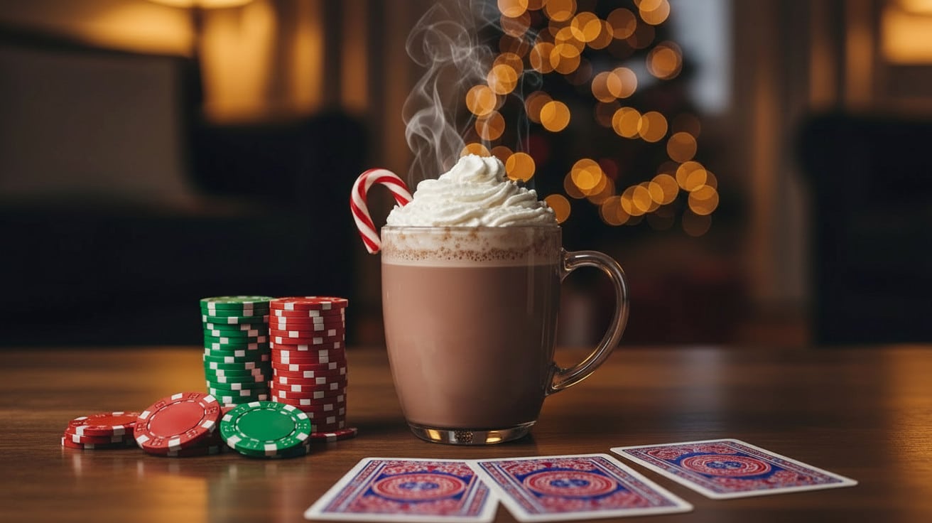 Topla čokolada sa šlagom i božićnim štapićem pored poker žetona i karata, u prijatnoj prazničnoj atmosferi.