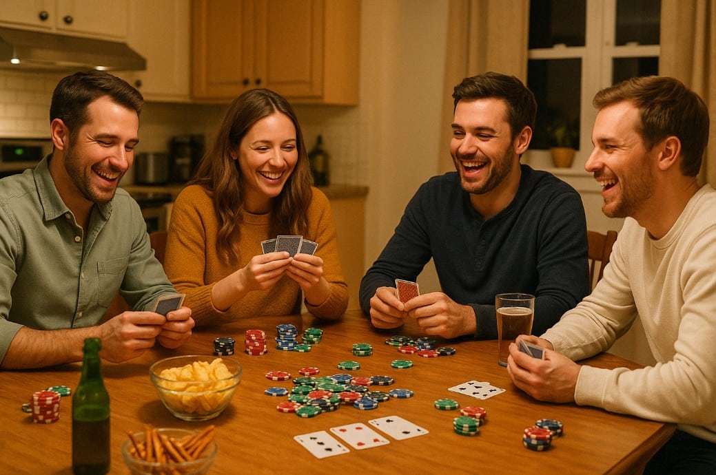 Grupa prijatelja se smeje i uživa igrajući poker kod kuće, sa kartama, žetonima i grickalicama na drvenom stolu.