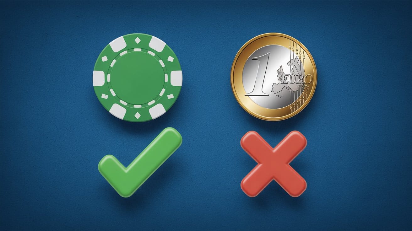 Ilustracija koja poredi poker žeton i kovanicu od jednog eura, sa zelenom kvačicom i crvenim krstićem.