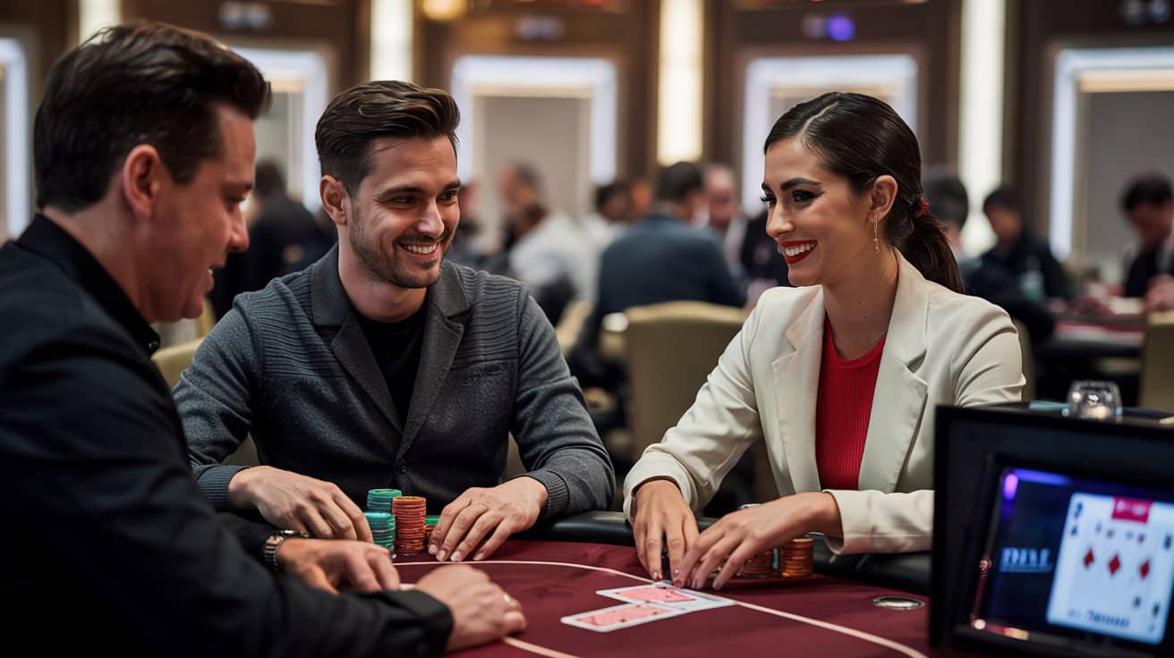 Grupa igrača sjedi za poker stolom u kazinu i igra partiju uz žetone i karte.