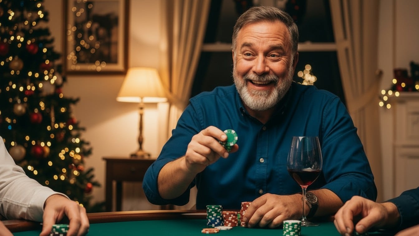 Stariji muškarac sa osmehom drži poker žeton, čaša vina i božićna dekoracija na stolu tokom porodične igre.