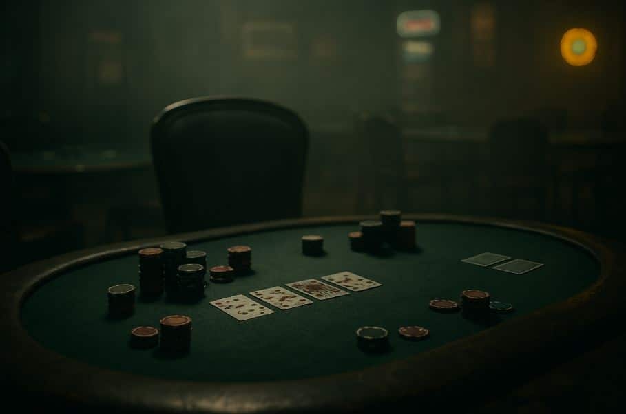 Poker sto u zadimljenoj sobi sa otvorenim kartama i gomilama žetona, osvetljen mekim, misterioznim svetlom.