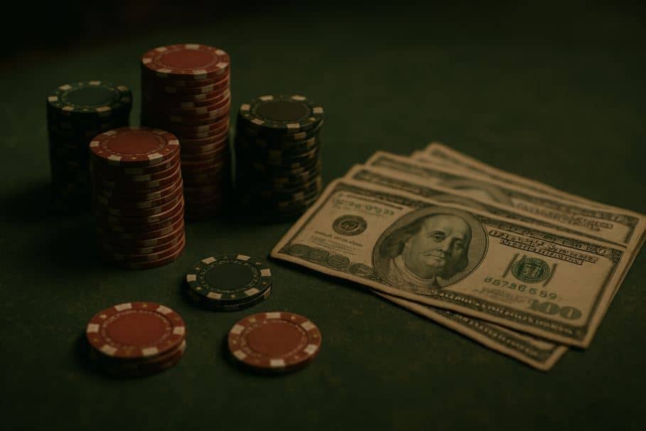 Hrpe poker žetona pored nekoliko novčanica od sto dolara na zelenom stolu, u mračnoj atmosferi kockarnice.