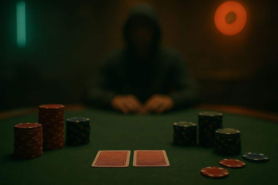 Igrač u senci sa kapuljačom sedi za stolom, dok su dve karte i žetoni osvetljeni u prvom planu.