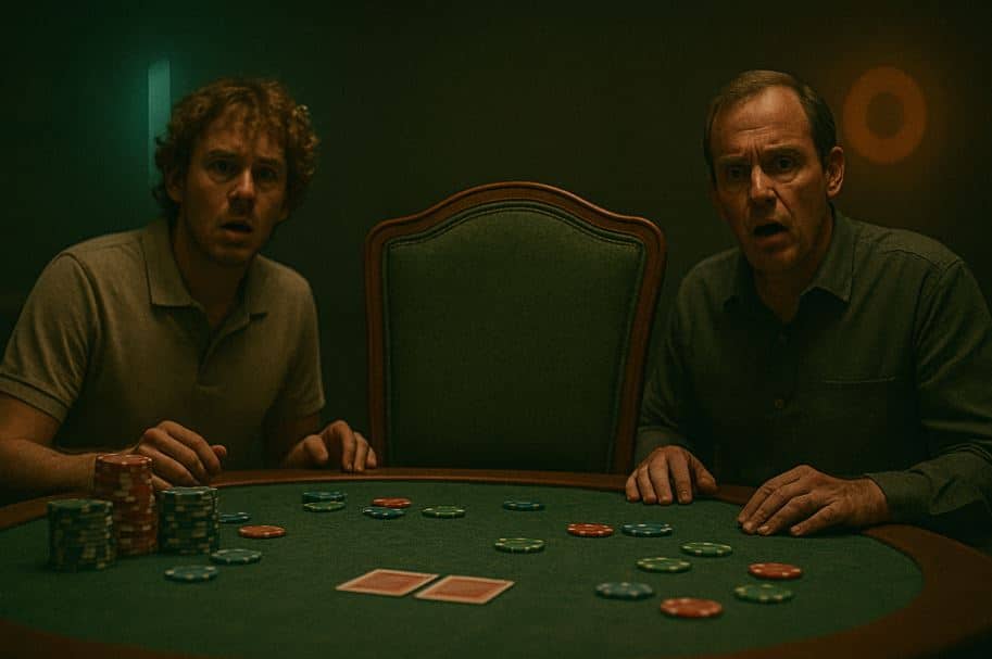 Dvojica muškaraca gledaju iznenađeno prema praznoj stolici za poker stolom, dok su karte i žetoni rasuti po stolu u sumornoj atmosferi.
