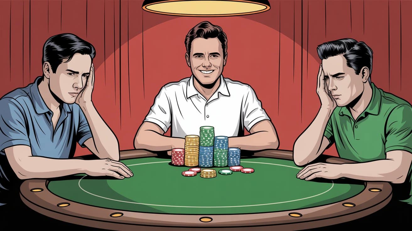 Ilustracija poker stola sa tri igrača, centralni igrač ima veliki stack žetona dok su ostali vidno zabrinuti.