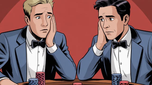 Dva poker igrača u odijelima gledaju se zbunjeno, držeći se za glavu tokom partije.