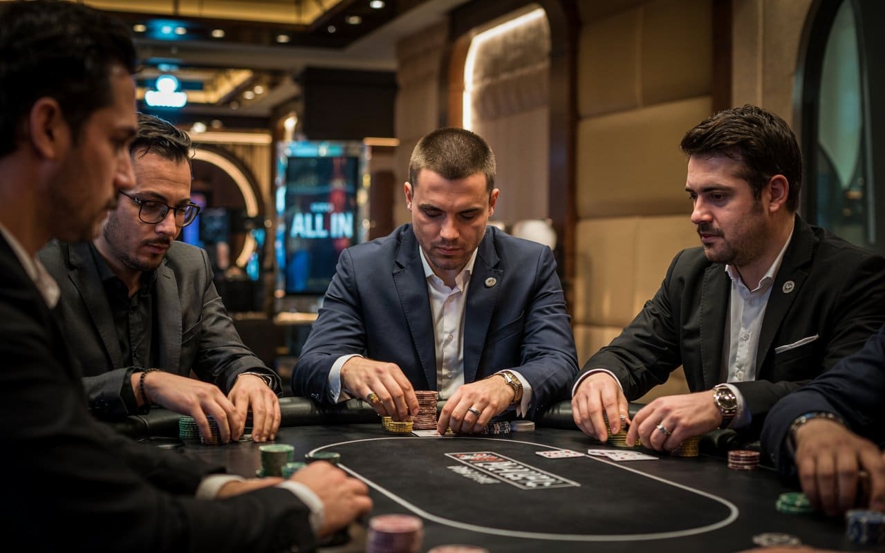 Grupa elegantno obučenih poker igrača sjedi za stolom u luksuznom kazinu, fokusirani na čipove i tok igre.