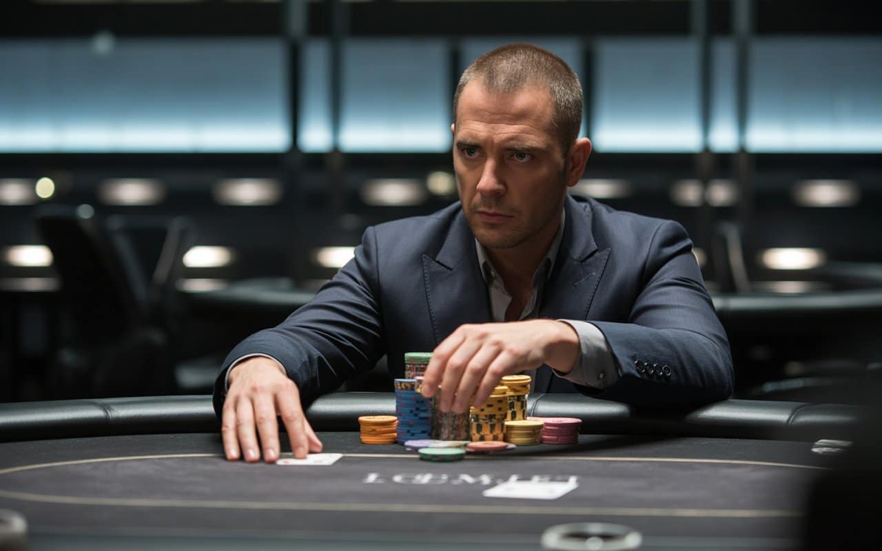 Poker igrač sjedi sam za stolom, koncentrisan na čipove i karte u mirnom, luksuznom kazino okruženju.