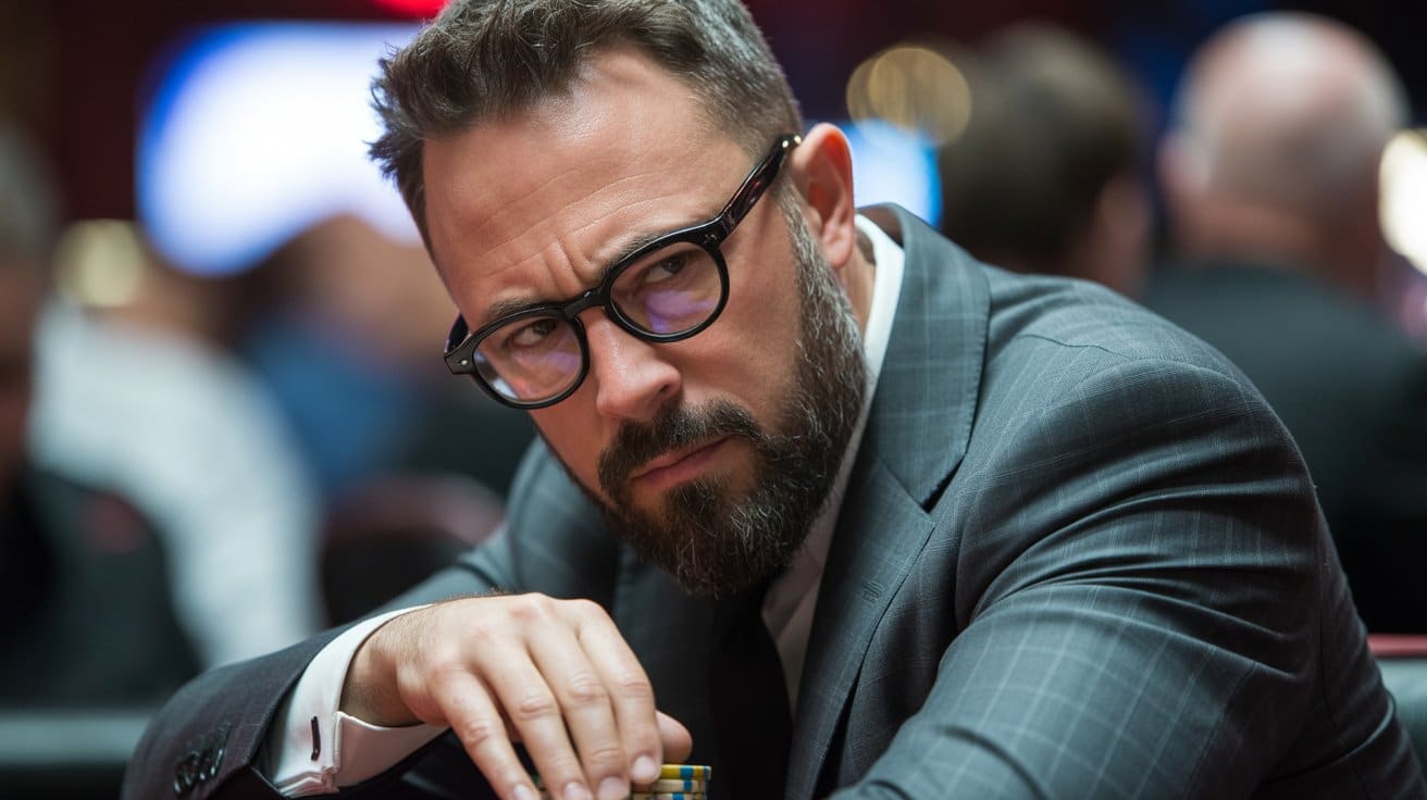 Poker igrač sa ozbiljnim izrazom lica razmatra odluku tokom napete partije.