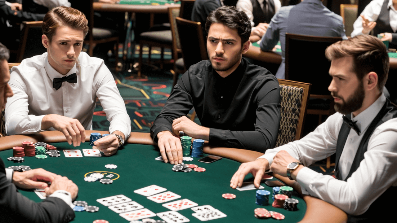 Poker igrači u formalnoj odjeći tokom uživo partije sa vidljivim kartama i čipovima na stolu