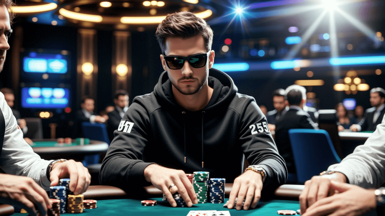 Mladi profesionalni poker igrač sa naočarima za sunce i čipovima za poker na turnirskom stolu