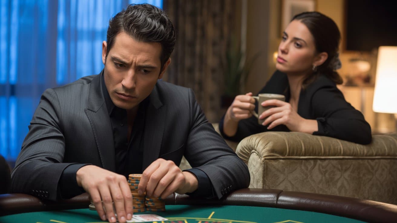 Muškarac ozbiljnog izraza lica gleda žetone za poker stolom dok žena sjedi u pozadini