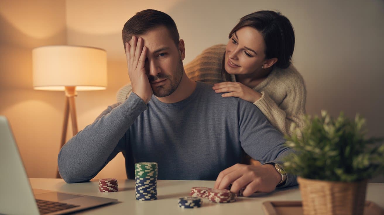 Muškarac frustriran nakon poker sesije dok ga partnerica utješno grli