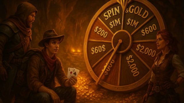 Avanturisti okupljeni oko točka Spin & Gold sa različitim nagradama, simbol rizika i nepredvidivosti igre.