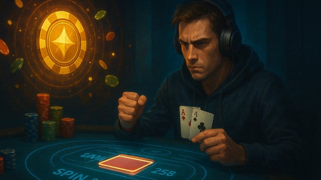 Poker igrač sa slušalicama drži jaku ruku tokom online Spin & Gold partije, fokusiran na brzu odluku.