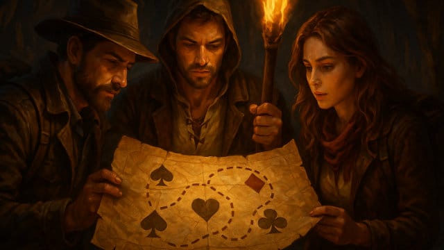 Tri lika proučavaju mapu sa simbolima karata, metafora strateškog planiranja i izbora u pokeru.