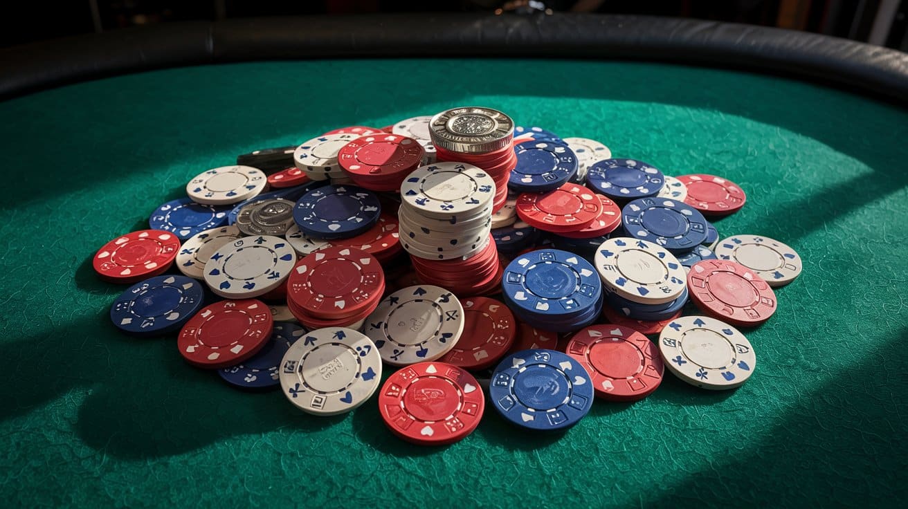 Veliki broj razbacanih i složenih poker žetona crvene, bijele i plave boje raspoređenih po sredini zelenog poker stola.