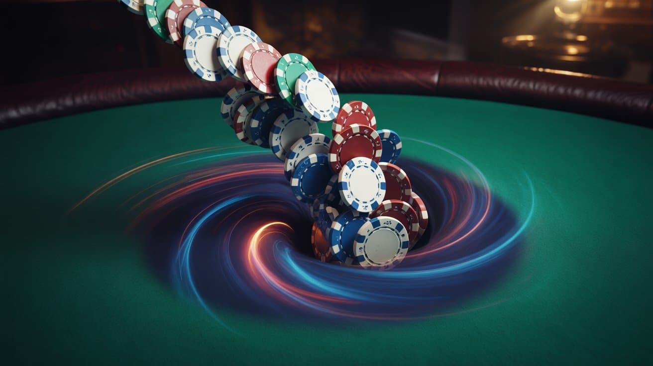 Poker žetoni spiralno upadaju u vrtlog na zelenom stolu, simbolizujući gubitak novca i kontrolu nad bankrollom.