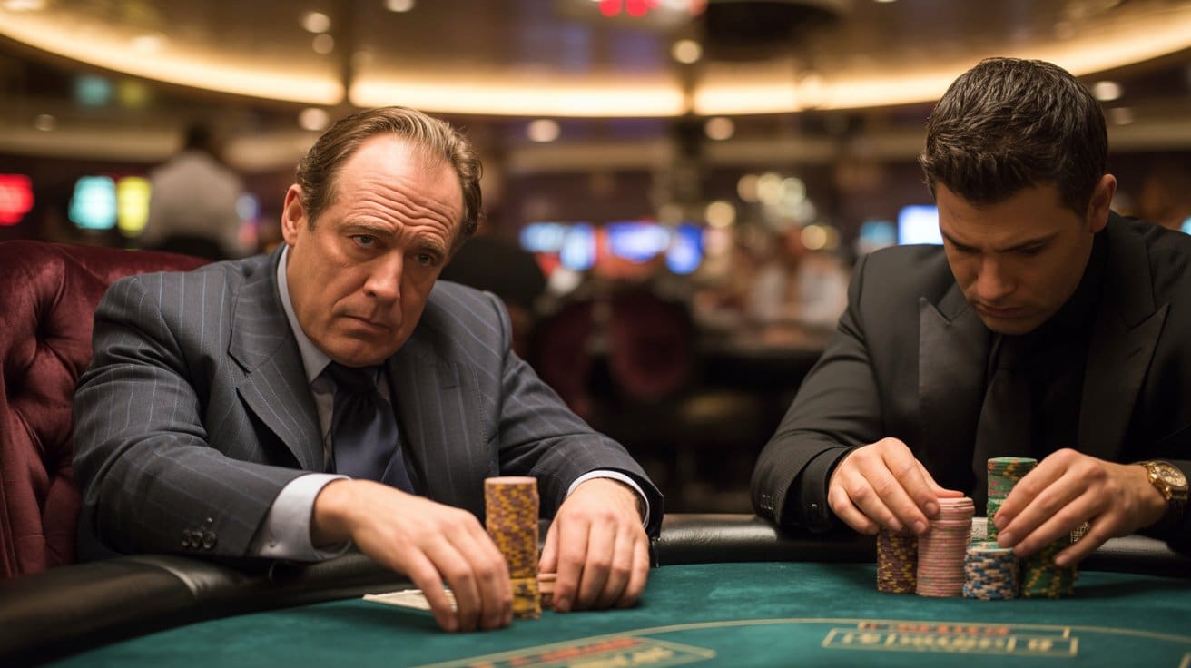 Dva igrača u kazinu slažu i pomjeraju žetone za poker stolom, fokusirani na partiju u luksuznom okruženju