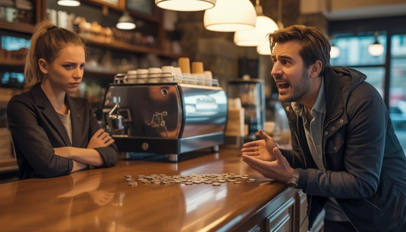 Muškarac uznemireno gestikulira prema ženi za šankom kafića, dok su ispred njih razbacane kovanice na drvenoj površini.
