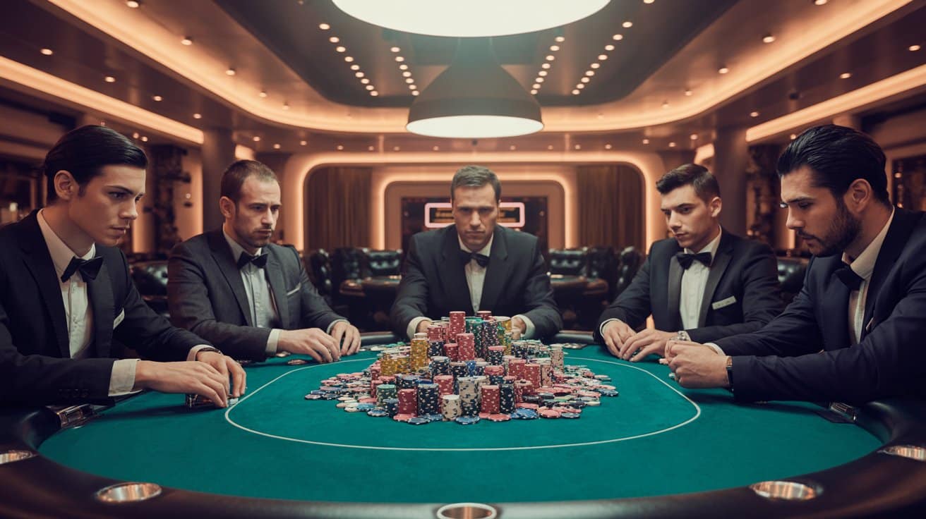 Pet igrača u odijelima sjedi oko poker stola s velikim brojem žetona nagomilanih u sredini, u elegantnoj sali kasina.